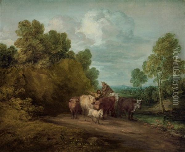 Wooded Rocky Landscape With Mounted Peasant, Drover And Cattle, And Distant Building Oil Painting - Thomas Gainsborough