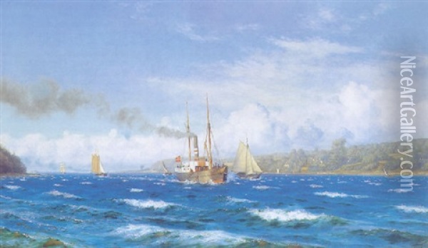 Marine, Faergen Fra Aeroskobing-svendborg Pa Sundet En Sommerdag Oil Painting - Carl (Jens Erik C.) Rasmussen