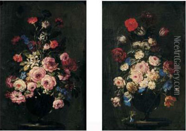 Bouquets De Fleurs Sur Un Entablement Oil Painting - Benito Espinos