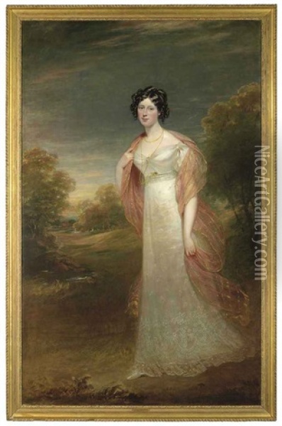 Portrait Of Ann Maria Harriet De Rhodes In A White Dress And Pink Chiffon Wrap, A Wooded Landscape Beyond Oil Painting - Sir William Beechey