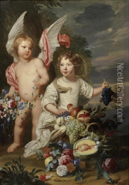 Portrait Of Two Children As Cupid And Ceres With A Still Life Of Fruit And Flowers Oil Painting - Theodor Van Thulden