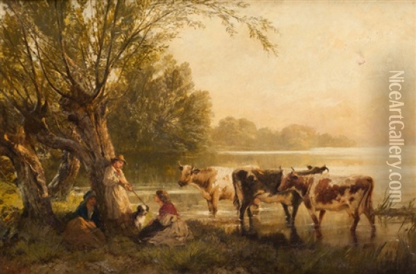 Cattle At A River Oil Painting - Edward John Cobbett