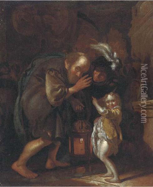 An Old Man Holding A Lantern Oil Painting - Jacob Van Toorenvliet