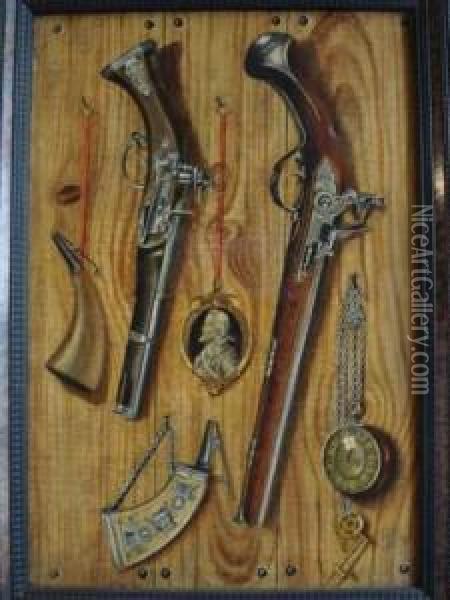 Trompe-l'oeil Aux Pistolets, Montre Et Medaillon De Charles Quint Oil Painting - Jean Valette-Falgores