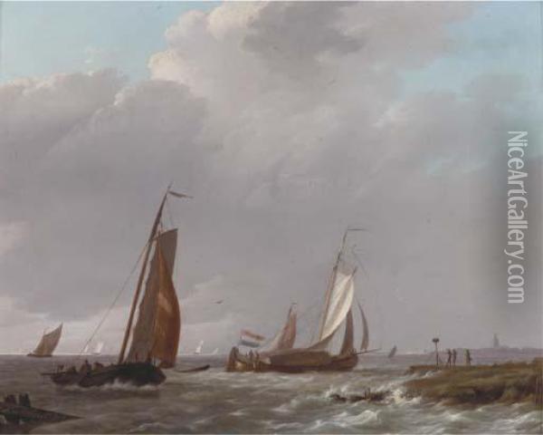 Shipping In A Stiff Breeze Off The Dutch Coast Oil Painting - Johannes Koekkoek