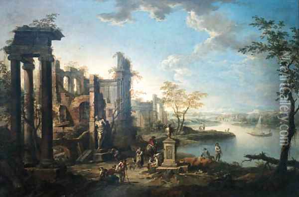 An Italianate river landscape with figures resting by classical ruins Oil Painting - Frans Christoph Janneck