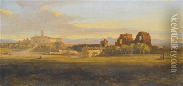 A View Of The Roman Campagna, A Villa And Aqueduct In The Distance Oil Painting - Edward Lear