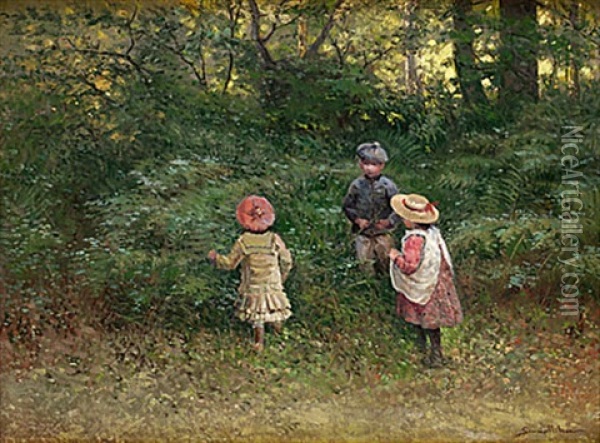 Blomsterplockande Barn Oil Painting - Johan Severin Nilsson