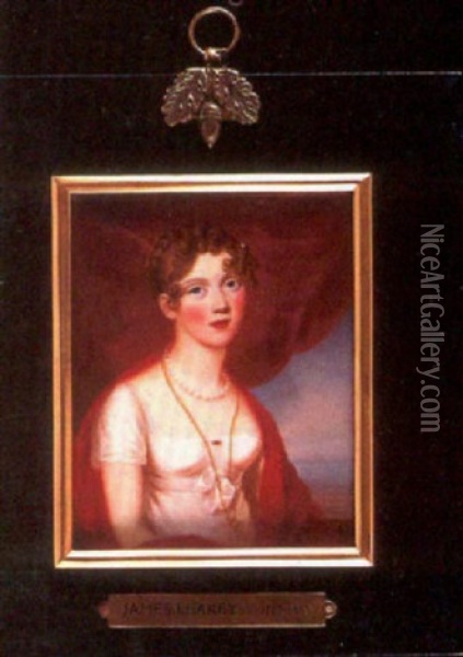 Portrait Of A Lady, Seated, In White Dress With Tied Waistband, A Gold And Ruby Brooch At Her Corsage Oil Painting - James Leakey