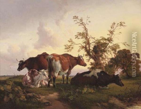 Cattle Resting In An Extensive Landscape Oil Painting - Eugene Joseph Verboeckhoven