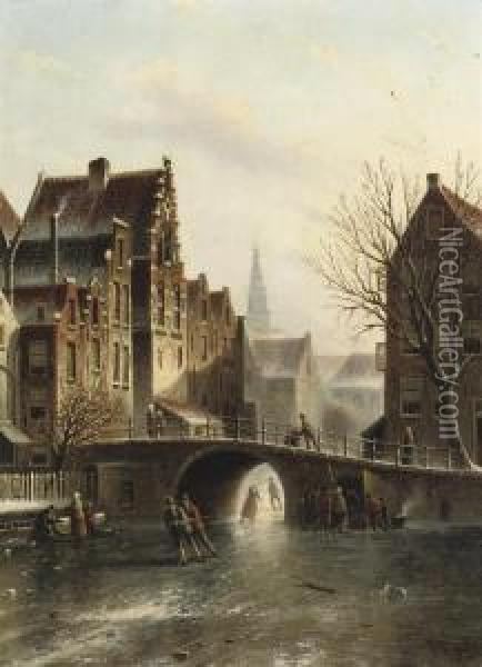 Skating On A Frozen Town Canal Oil Painting - Johannes Franciscus Spohler