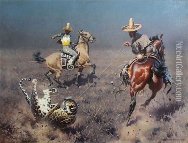 Cavaliers Mexicains Capturant Un Leopard Oil Painting - Hugo Ungewitter