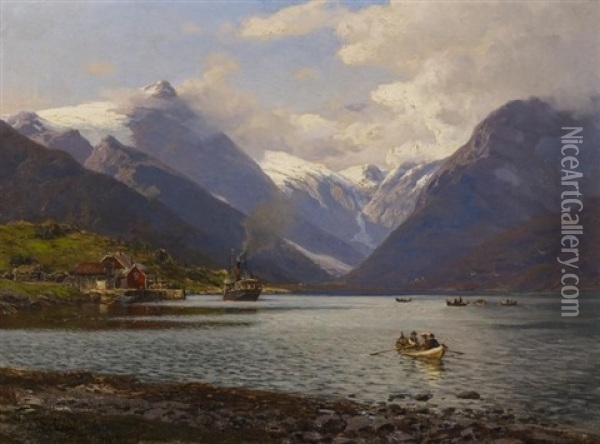 Am Fjaerlansfjord Bei Mundal. Touristen In Ihren Booten Auf Dem Wasser Oil Painting - Karl Paul Themistocles von Eckenbrecher