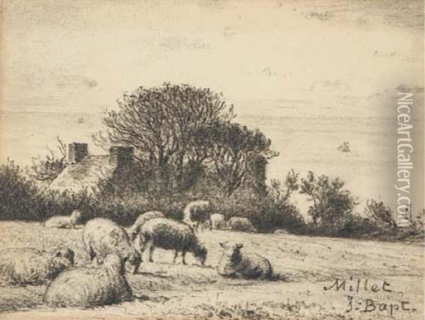 Des Moutons Dans Un Pre, Une Chaumiere Au Fond Oil Painting - Jean-Francois Millet
