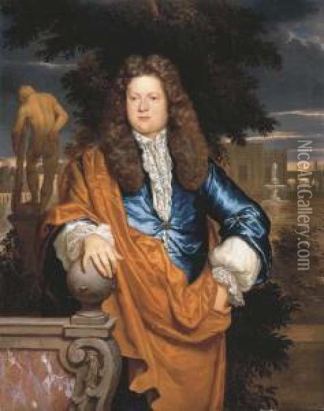 Portrait Of A Gentleman, 
Three-quarter-length, In A Blue Velvetjacket With White Lace Shirt And 
Brown Cape, In A Garden, Beforethe Statue Of The Farnese Hercules Oil Painting - Adriaen Van Der Werff