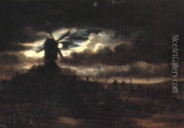 Moonlit Landscape With A Windmill Oil Painting - Aert van der Neer