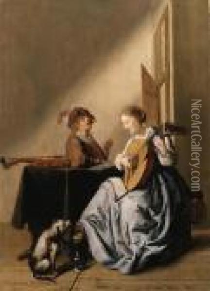 A Young Woman Playing A Lute With A Youth Singing In Aninterior Oil Painting - Jan Miense Molenaer
