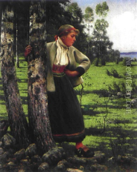 Sommarlandskap Med Ung Kvinna I Folkdrakt Oil Painting - August Vilhelm Nikolaus Hagborg