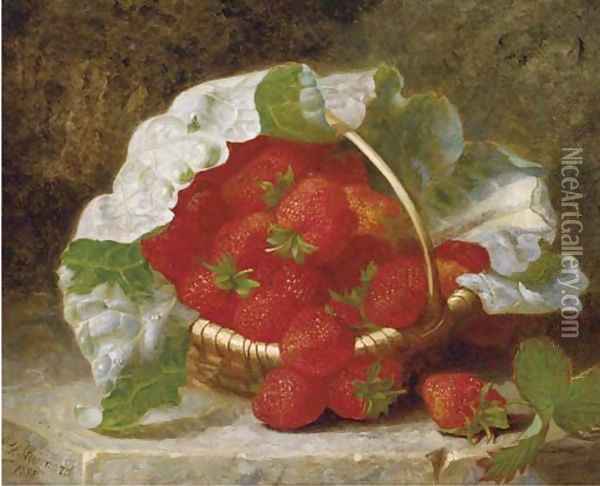 Strawberries and cabbage leaf in a wicker basket Oil Painting - Eloise Harriet Stannard