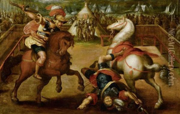 Giovanni De' Medici In Combat On Horseback Oil Painting - Jan van der Straet