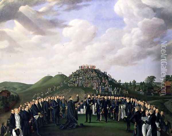 King Carl XIV Johan (1763-1844) of Sweden Visiting the Mounds at Old Uppsala in 1834, 1836 Oil Painting - Johan Way