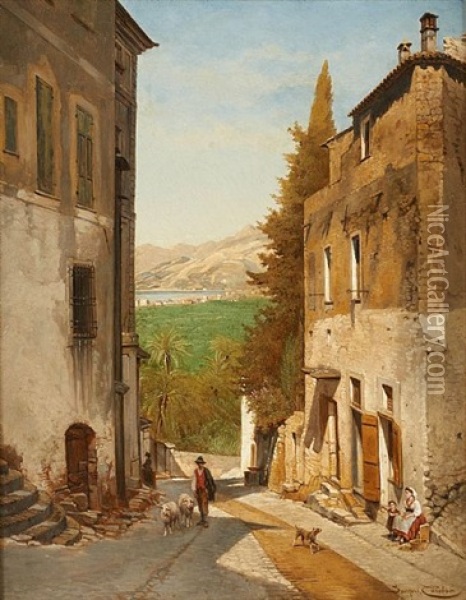 Vue De La Via Romana A Bordigera Italie Oil Painting - Jacques Francois Carabain