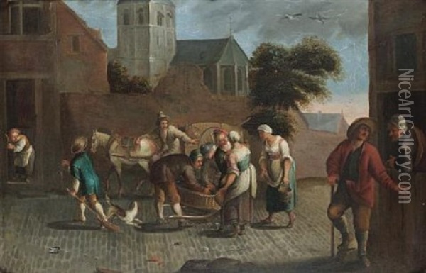 A Mussel Seller And Other Figures On A Town Street (+ A Traveller Selling Pots On The Outskirts Of A Town; Pair) Oil Painting - Jan Anton Garemyn