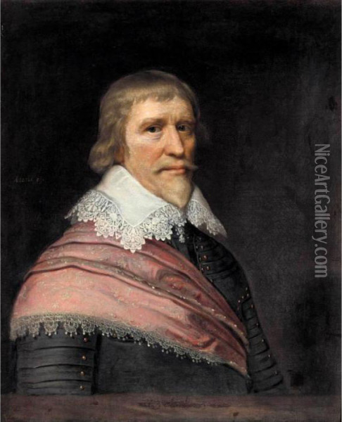 Portrait Of Edward Cecil, 
Viscount Wimbledon Aged 59, Half Length, Wearing Armour, A White Lace 
Ruff, And A Red Sash Oil Painting - Michiel Jansz. Van Miereveldt