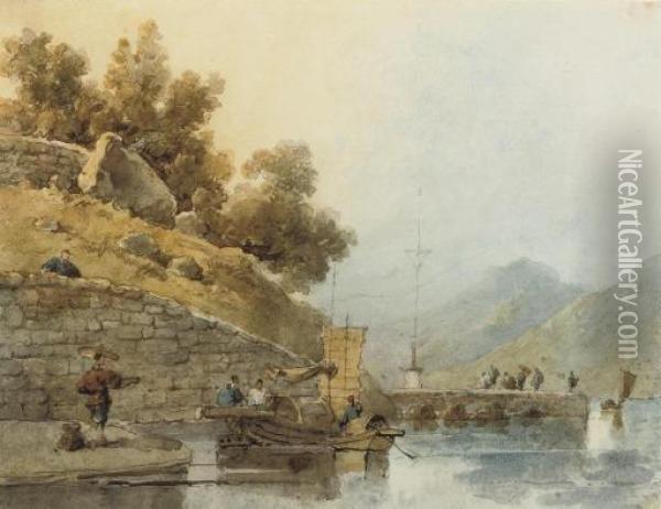 Figures And Sampans By The Ma-kok Temple, Macao Oil Painting - George Chinnery