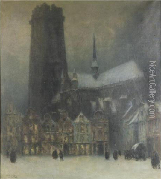 Mechlin City View In Winter With Saint Rombout Tower Oil Painting - Julien Celos