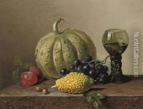 A Pumpkin, Grapes, Prunes And A Roemer On A Marble Ledge Oil Painting - Gabriel Henriques De Castro