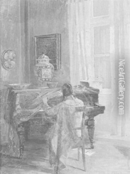 Girl Playing The Piano Oil Painting - Robert Panitzsch