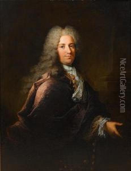 Portrait Of A Gentleman, 
Three-quarter-length,in A Purple Coat And A Blue And Gold Brocade 
Waistcoat, Standingbefore A Column Oil Painting - Robert Tournieres