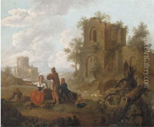 A Landscape With Figures 
Conversing Before Ruins; And A River Landscape With Figures Conversing 
Before Ruins Oil Painting - Franz Ferg