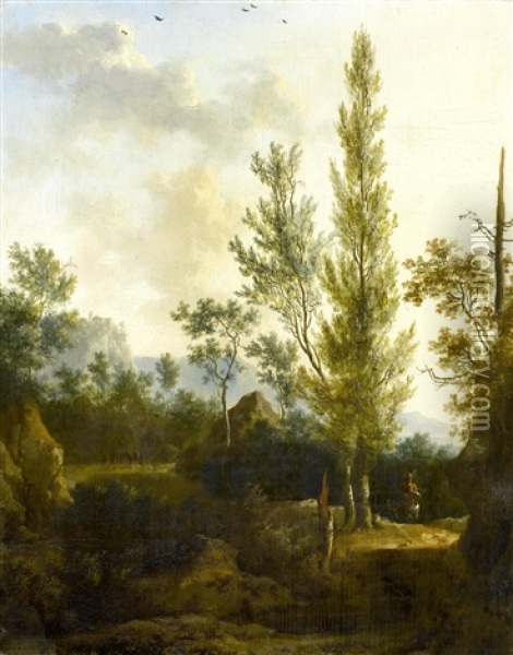 A Mountainous Landscape With Travellers On A Country Path Oil Painting - Frederick De Moucheron
