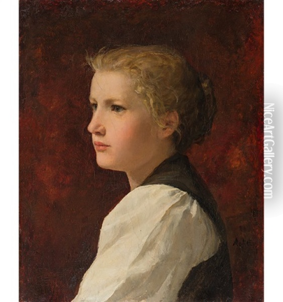 <tete De Jeune Fille Avec Fond Rouge>, 1898 Oil Painting - Albert Anker