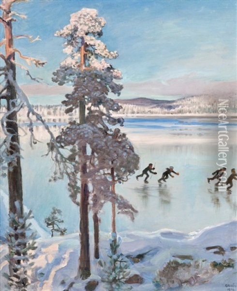 Skaters Near The Shore Of Kalela Oil Painting - Akseli Valdemar Gallen-Kallela