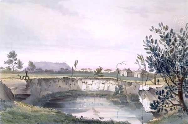 Messrs' Arthur's Sheep Station, with one of the volcanic wells. Mount Schank in the distance - early morning, from 'South Australia Illustrated' Oil Painting - George French Angas