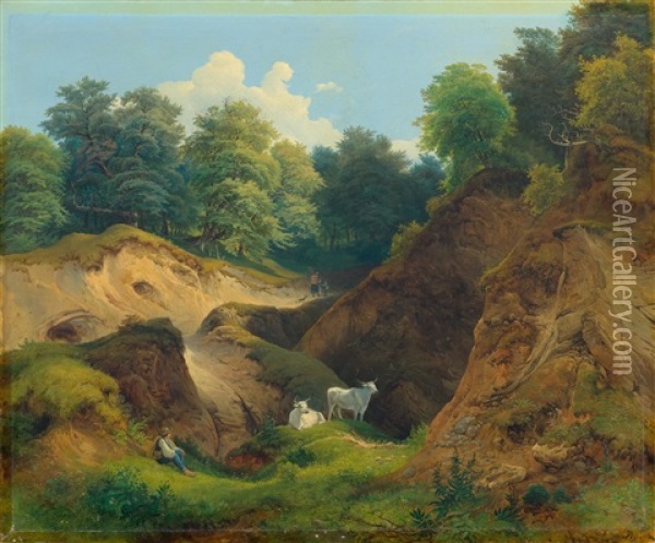 Shepherd With Animals In A Wooded Landscape Oil Painting - Josef Holzer
