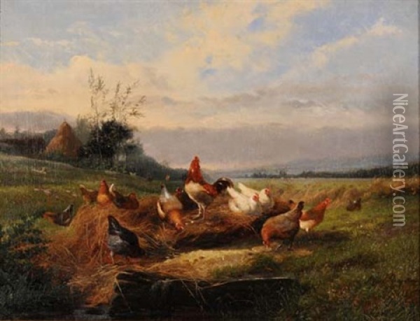 Weite Landschaft Mit Hahn Und Huhnern Oil Painting - Jef Louis Van Leemputten