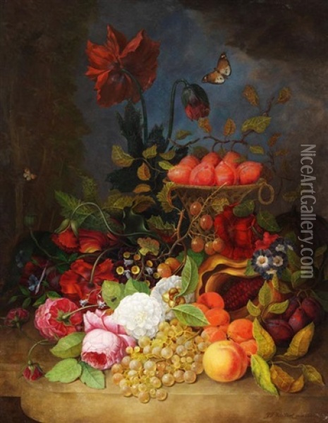 Stillleben Mit Blumen, Insekten, Trauben, Pflaumen, Pfirsichen Und Melone Auf Einem Tisch Oil Painting - Jan Frans Van Dael