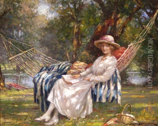 A Lady Reclining In A Hammock By The River Oil Painting - William Kay Blacklock