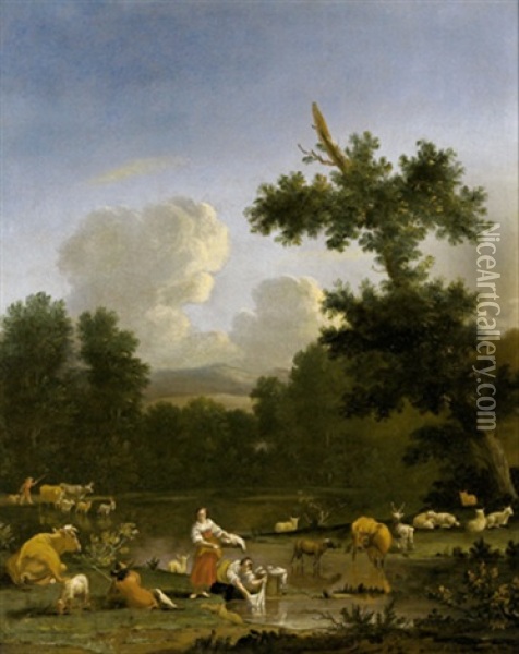 Wascherinnen Und Ein Hirte Mit Seiner Herde In Einer Bewaldeten Landschaft An Einem Teich Oil Painting - Johannes van der Bent