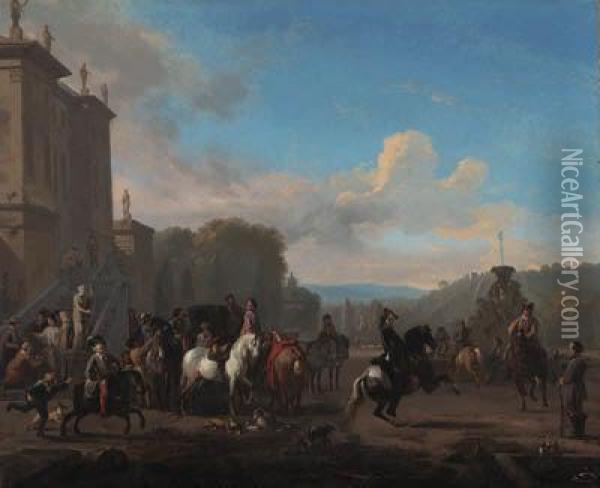 A Hunting Party By A Fountain Outside A Mansion Oil Painting - Jan von Huchtenburgh