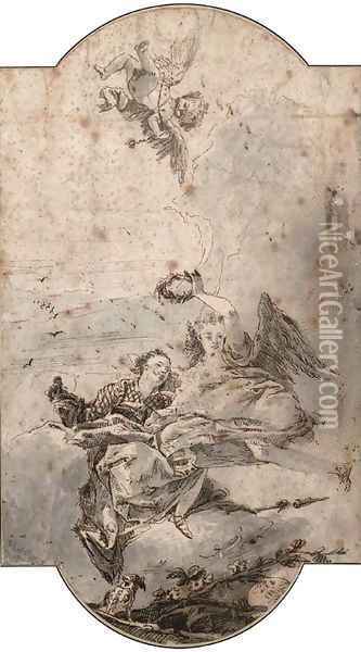 An allegory of fame and another figure Design for a ceiling compartment Oil Painting - Giovanni Battista Tiepolo