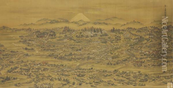 Panoramic View Of Edo Oil Painting - Kuwagata Keisai
