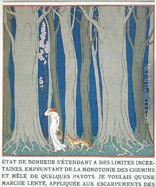 Woman followed by a Leopard Oil Painting - Georges Barbier
