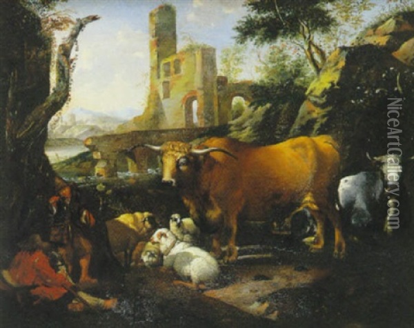 Deux Bergers Pres D'un Troupeau Oil Painting - Johann Heinrich Roos