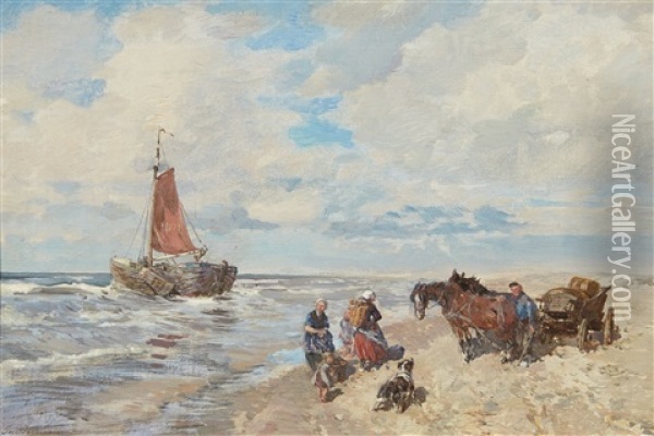 Coastal Landscape With A Cart And Sailing Boat Oil Painting - Gregor von Bochmann the Elder