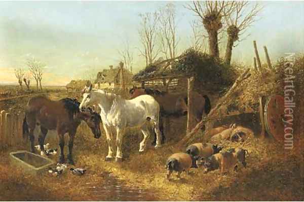 Horses and pigs in a farmyard Oil Painting - John Frederick Herring Snr